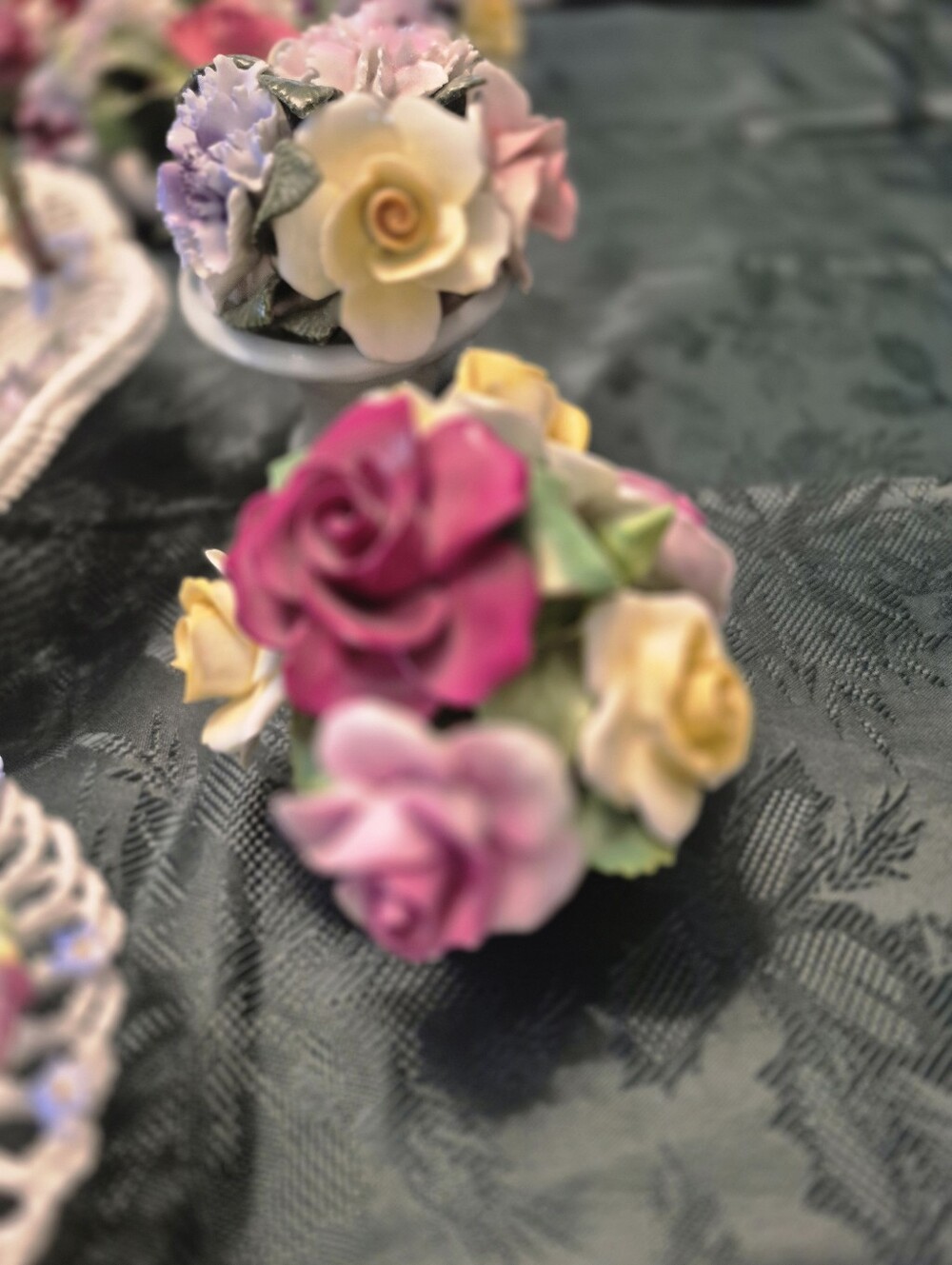 Porcelain Pink and Yellow Rose Bouquet Figurine - Unbranded